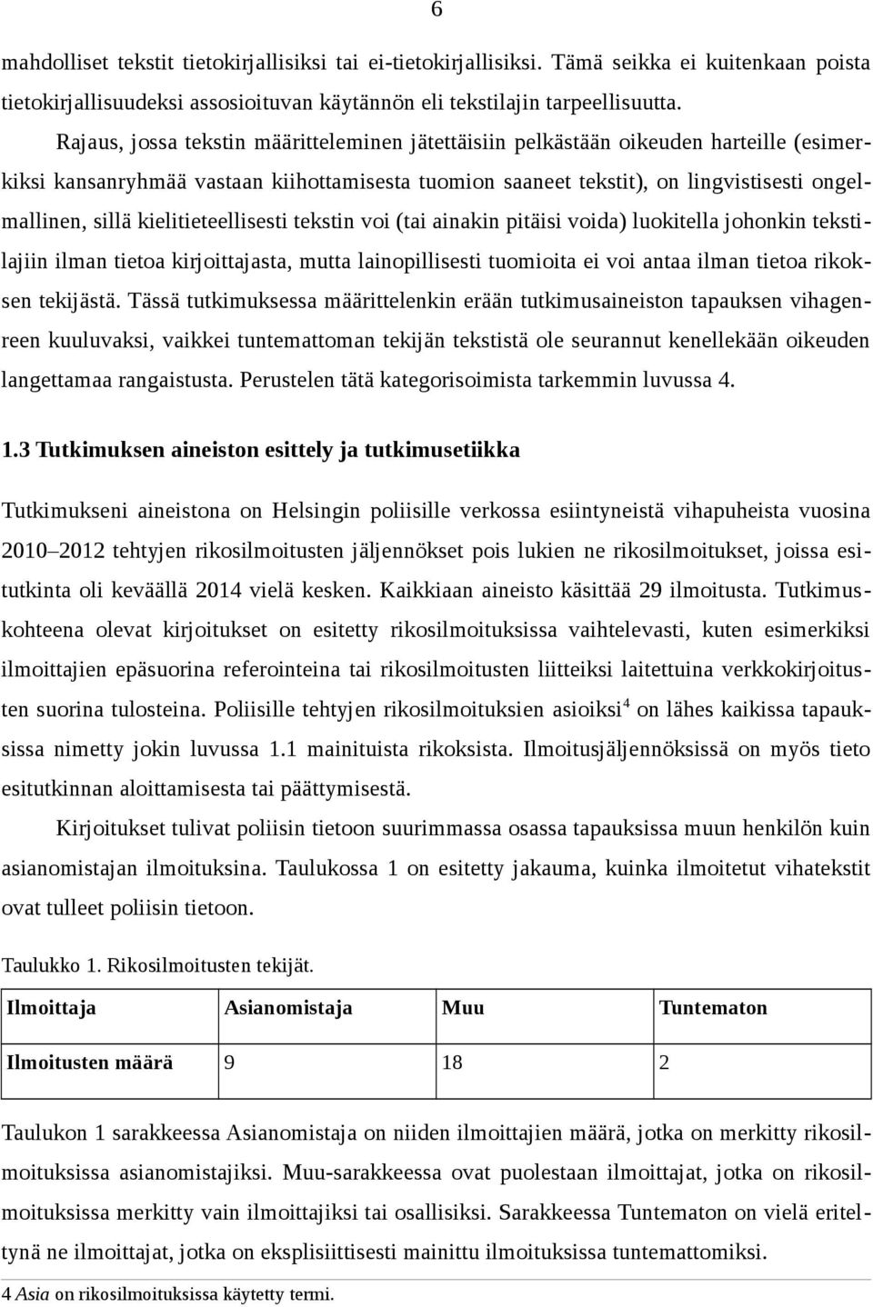 kielitieteellisesti tekstin voi (tai ainakin pitäisi voida) luokitella johonkin tekstilajiin ilman tietoa kirjoittajasta, mutta lainopillisesti tuomioita ei voi antaa ilman tietoa rikoksen tekijästä.