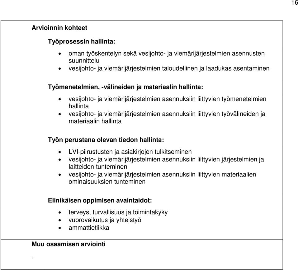 työvälineiden ja materiaalin hallinta Työn perustana olevan tiedon hallinta: LVI-piirustusten ja asiakirjojen tulkitseminen vesijohto- ja viemärijärjestelmien asennuksiin liittyvien järjestelmien ja