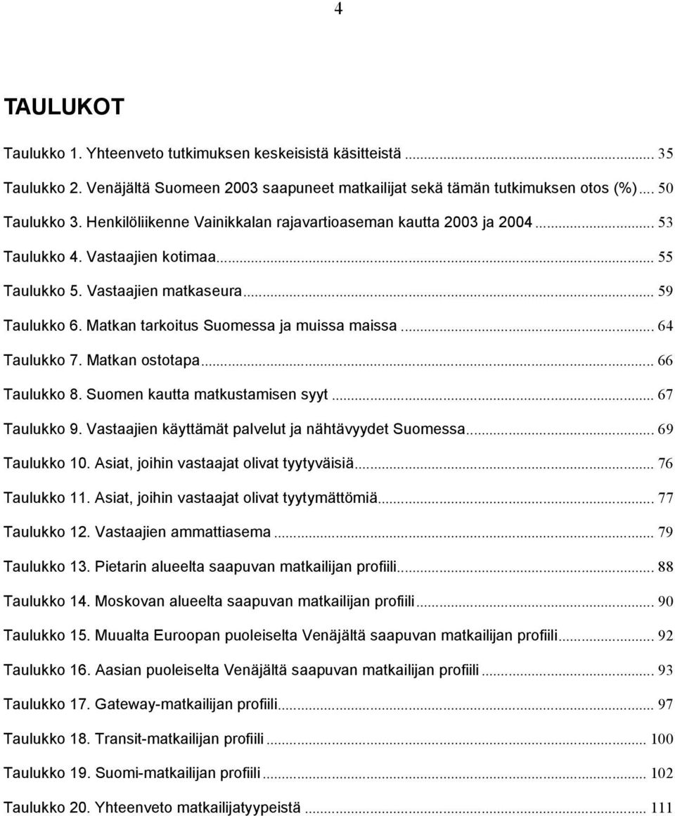 Matkan tarkoitus Suomessa ja muissa maissa... 64 Taulukko 7. Matkan ostotapa... 66 Taulukko 8. Suomen kautta matkustamisen syyt... 67 Taulukko 9. Vastaajien käyttämät palvelut ja nähtävyydet Suomessa.