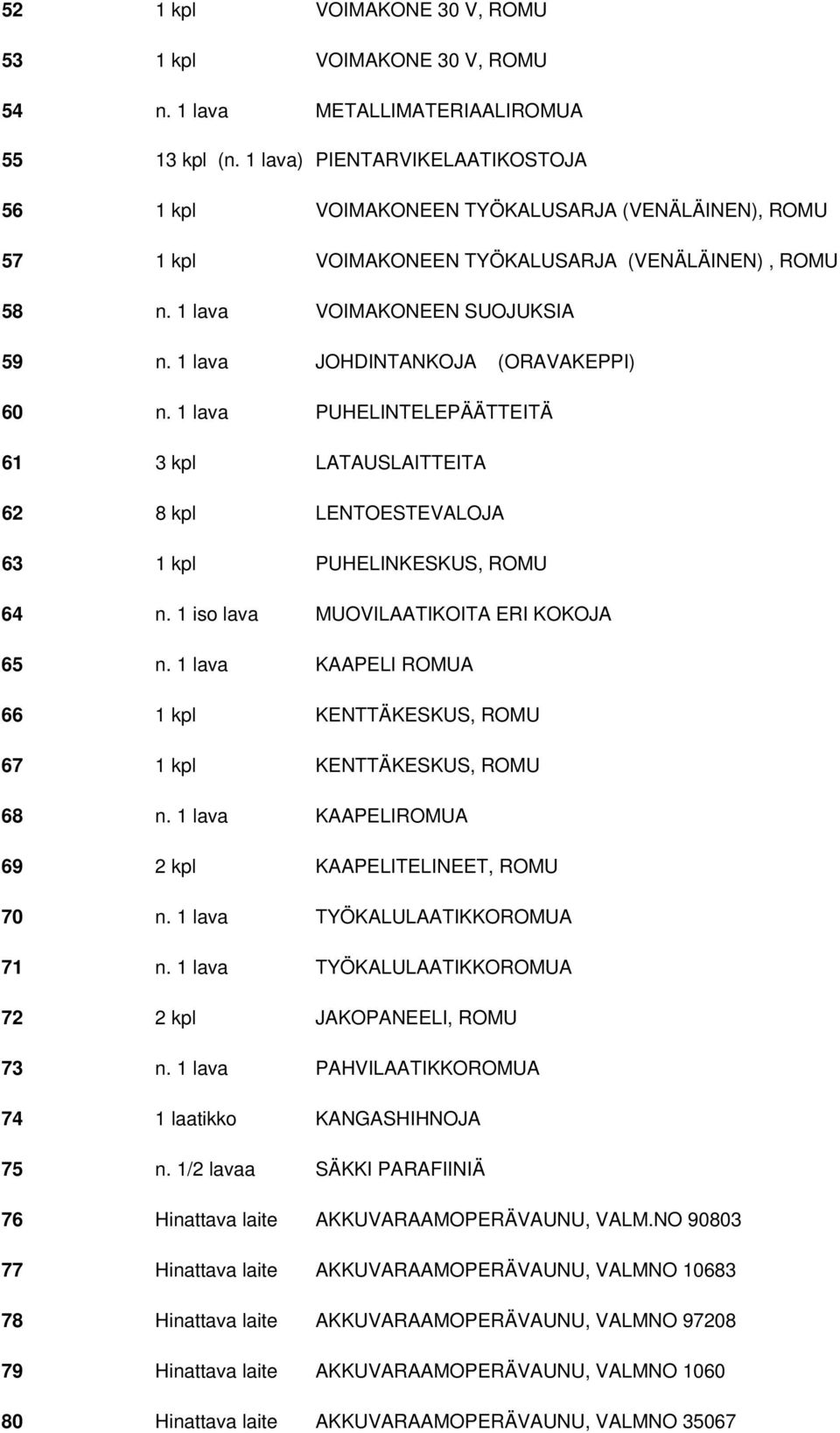 1 lava JOHDINTANKOJA (ORAVAKEPPI) 60 n. 1 lava PUHELINTELEPÄÄTTEITÄ 61 3 kpl LATAUSLAITTEITA 62 8 kpl LENTOESTEVALOJA 63 1 kpl PUHELINKESKUS, ROMU 64 n. 1 iso lava MUOVILAATIKOITA ERI KOKOJA 65 n.