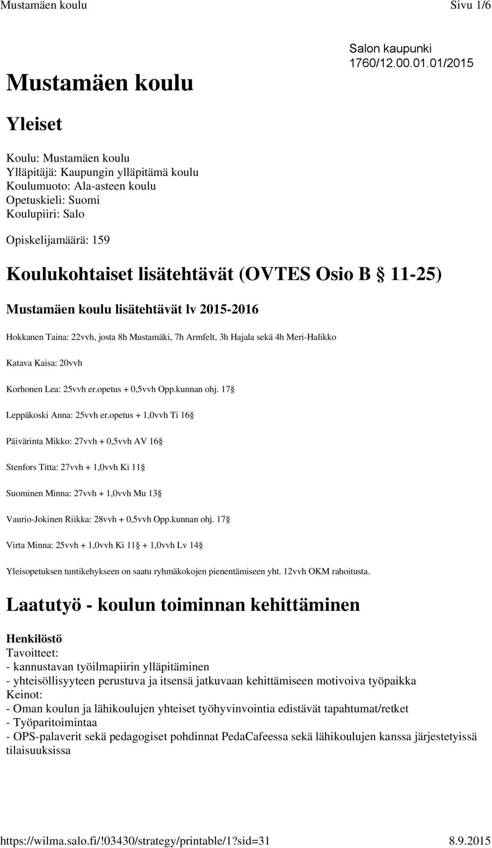 Osio B 11-25) Mustamäen koulu lisätehtävät lv 2015-2016 Hokkanen Taina: 22vvh, josta 8h Mustamäki, 7h Armfelt, 3h Hajala sekä 4h Meri-Halikko Katava Kaisa: 20vvh Korhonen Lea: 25vvh er.