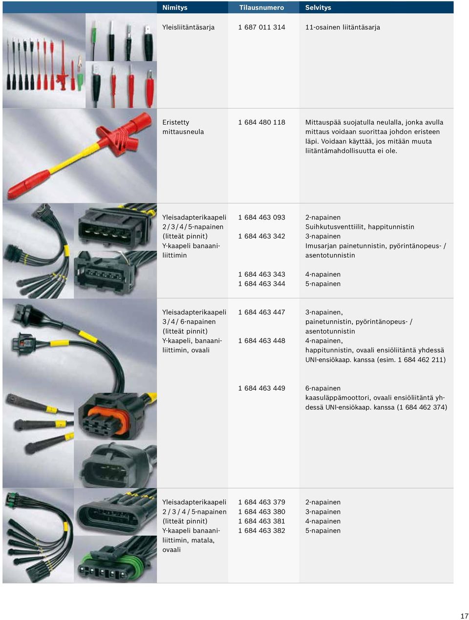 Yleisadapterikaapeli 1 684 463 093 2-napainen 2 / 3 / 4 / 5-napainen Suihkutusventtiilit, happitunnistin (litteät pinnit) 1 684 463 342 3-napainen Y-kaapeli banaani- Imusarjan painetunnistin,