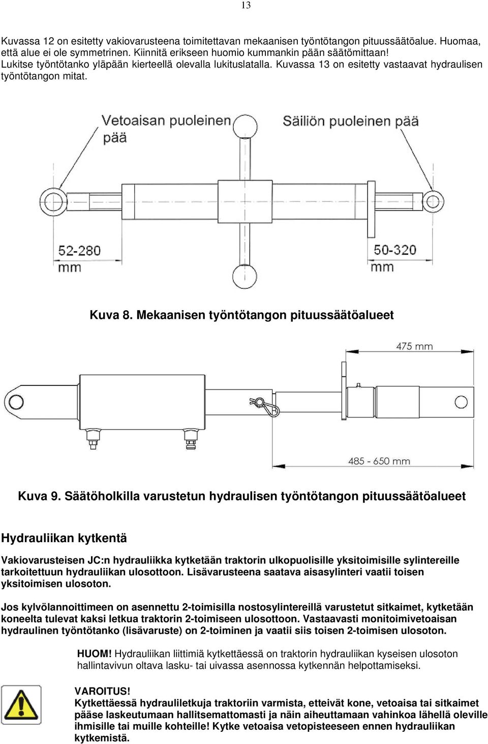 Säätöholkilla varustetun hydraulisen työntötangon pituussäätöalueet Hydrauliikan kytkentä Vakiovarusteisen JC:n hydrauliikka kytketään traktorin ulkopuolisille yksitoimisille sylintereille