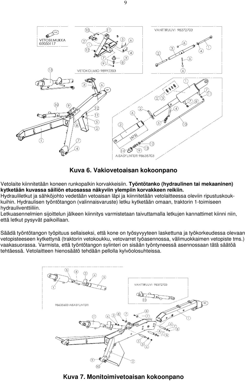 Hydrauliletkut ja sähköjohto vedetään vetoaisan läpi ja kiinnitetään vetolaitteessa oleviin ripustuskoukkuihin.