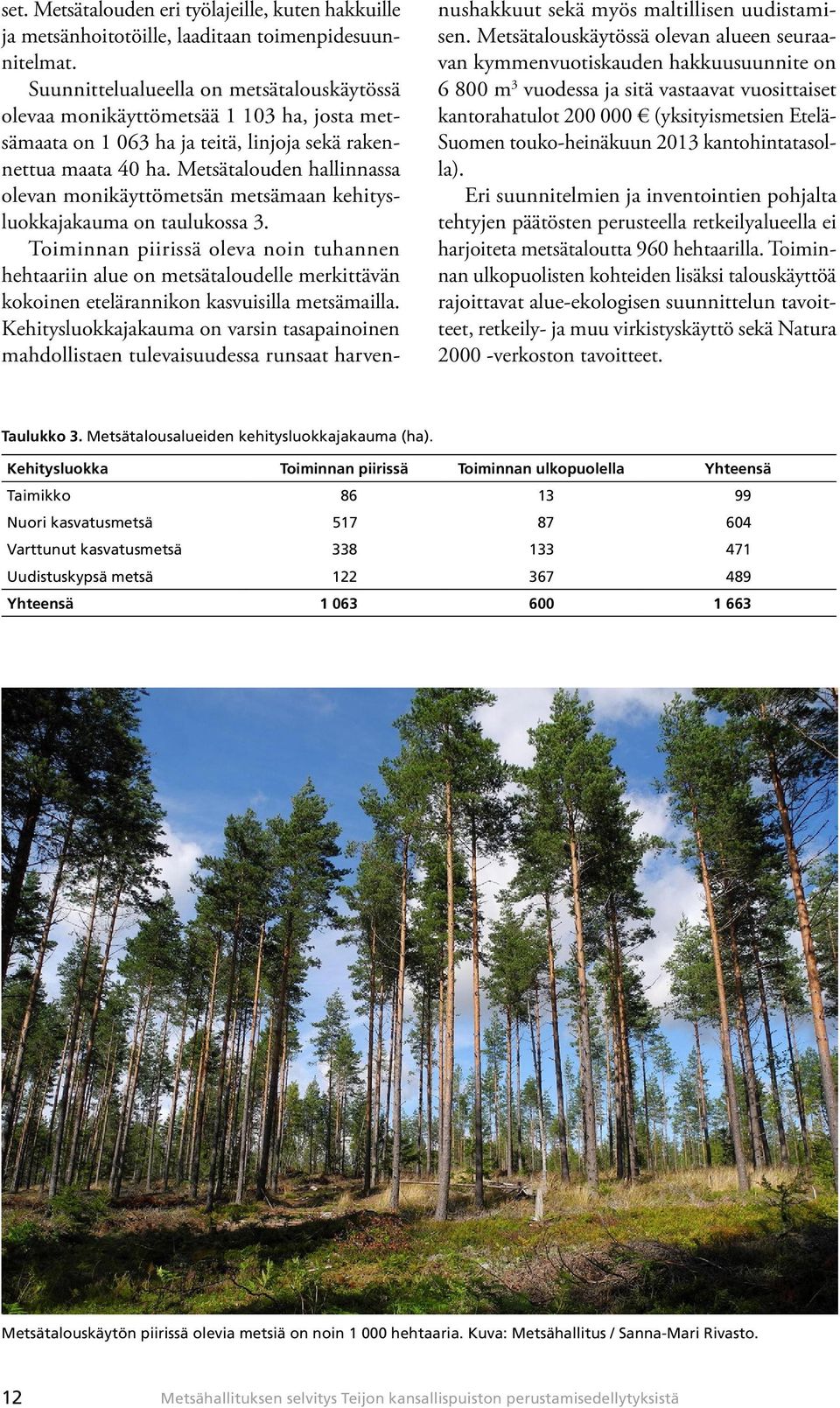 Metsätalouden hallinnassa olevan monikäyttömetsän metsämaan kehitysluokkajakauma on taulukossa 3.