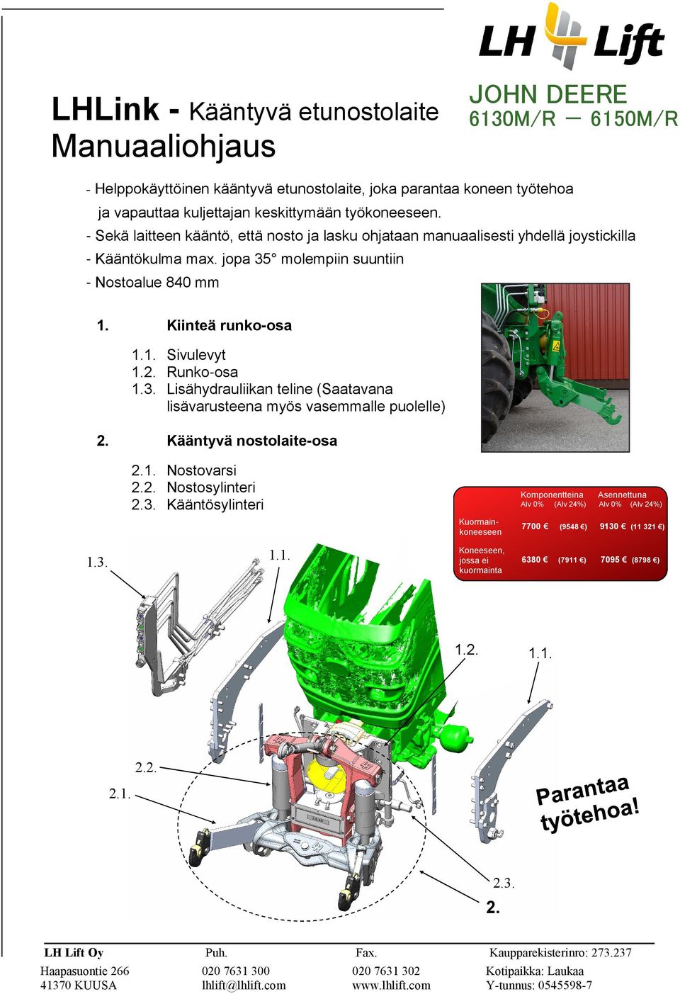 Runko-osa 1.3. Lisähydrauliikan teline (Saatavana lisävarusteena myös vasemmalle puolelle) 2. Kääntyvä nostolaite-osa 2.1. Nostovarsi 2.2. Nostosylinteri 2.3. Kääntösylinteri 1.1. 1.3. Komponentteina Asennettuna Alv 0% Alv 0% (Alv 24%) (Alv 24%) Kuormainkoneeseen 7700 (9548 ) 9130 (11 321 ) Koneeseen, jossa ei kuormainta 6380 (7911 ) 7095 (8798 ) 1.