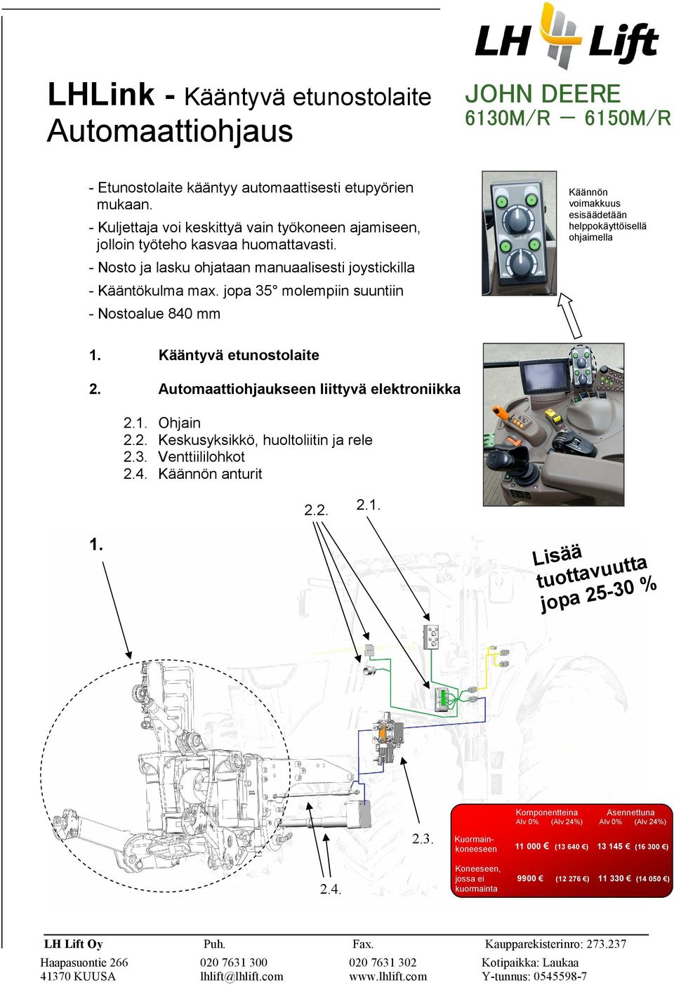 Kääntyvä etunostolaite 2. Automaattiohjaukseen liittyvä elektroniikka 2.1. Ohjain 2.2. Keskusyksikkö, huoltoliitin ja rele 2.3. Venttiililohkot 2.4. Käännön anturit 1. 2.2. 2.1. Lisää tuottavuutta jopa 25-30 % 2.