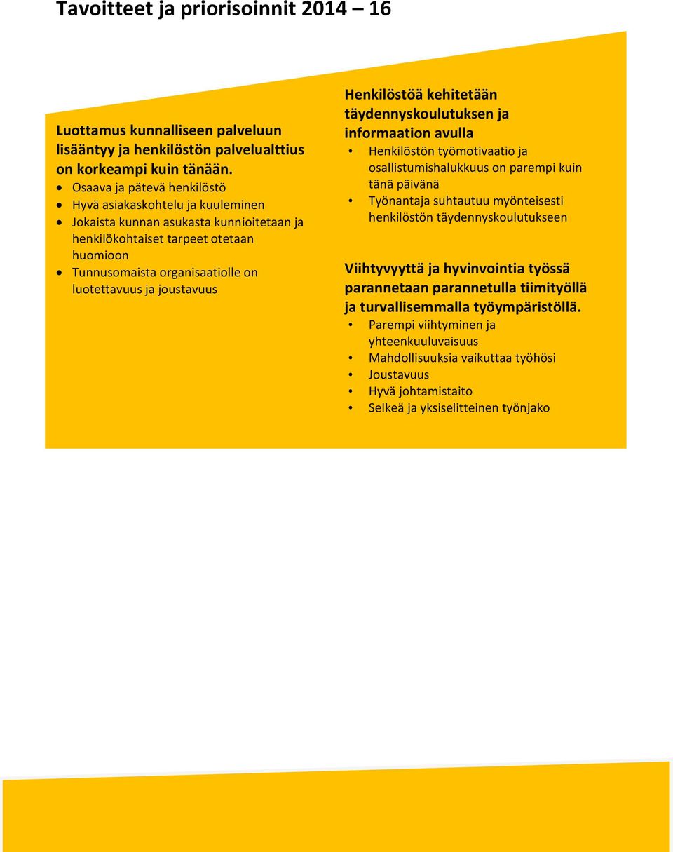 joustavuus Henkilöstöä kehitetään täydennyskoulutuksen ja informaation avulla Henkilöstön työmotivaatio ja osallistumishalukkuus on parempi kuin tänä päivänä Työnantaja suhtautuu myönteisesti