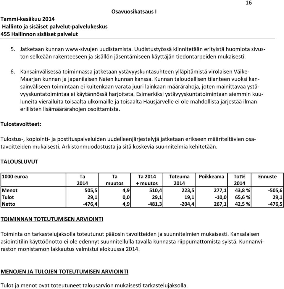 Kansainvälisessä toiminnassa jatketaan ystävyyskuntasuhteen ylläpitämistä virolaisen Väike- Maarjan kunnan ja japanilaisen Naien kunnan kanssa.