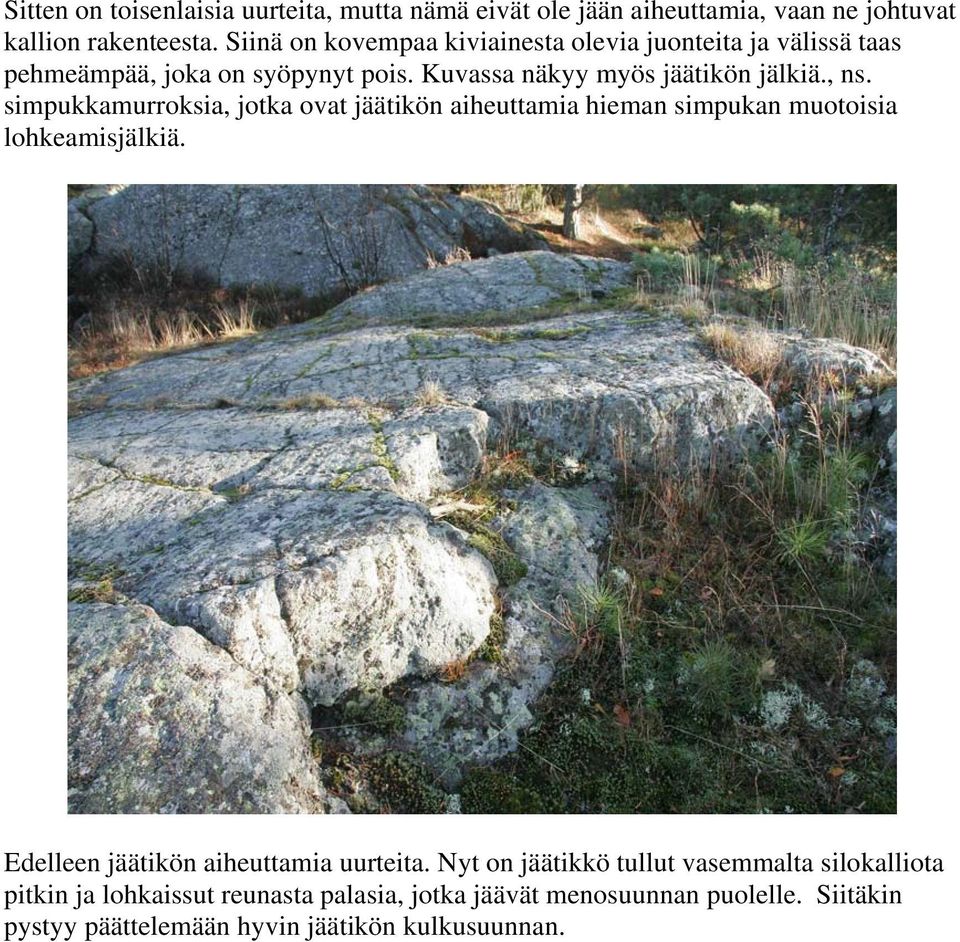 simpukkamurroksia, jotka ovat jäätikön aiheuttamia hieman simpukan muotoisia lohkeamisjälkiä. Edelleen jäätikön aiheuttamia uurteita.
