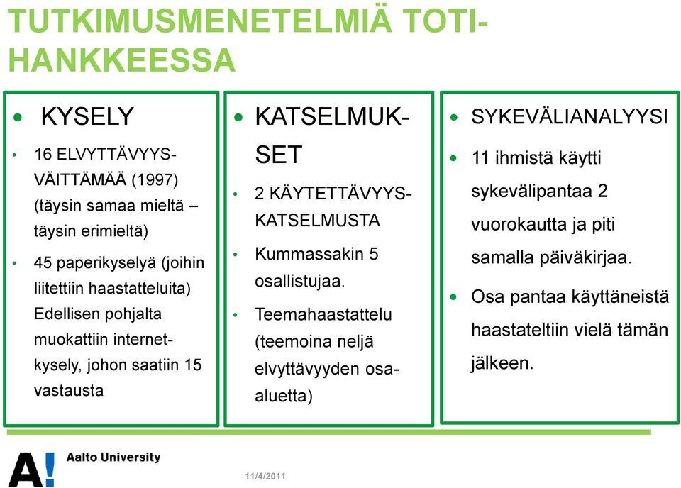 KÄYTETTÄVYYS- KATSELMUSTA Kummassakin 5 osallistujaa.