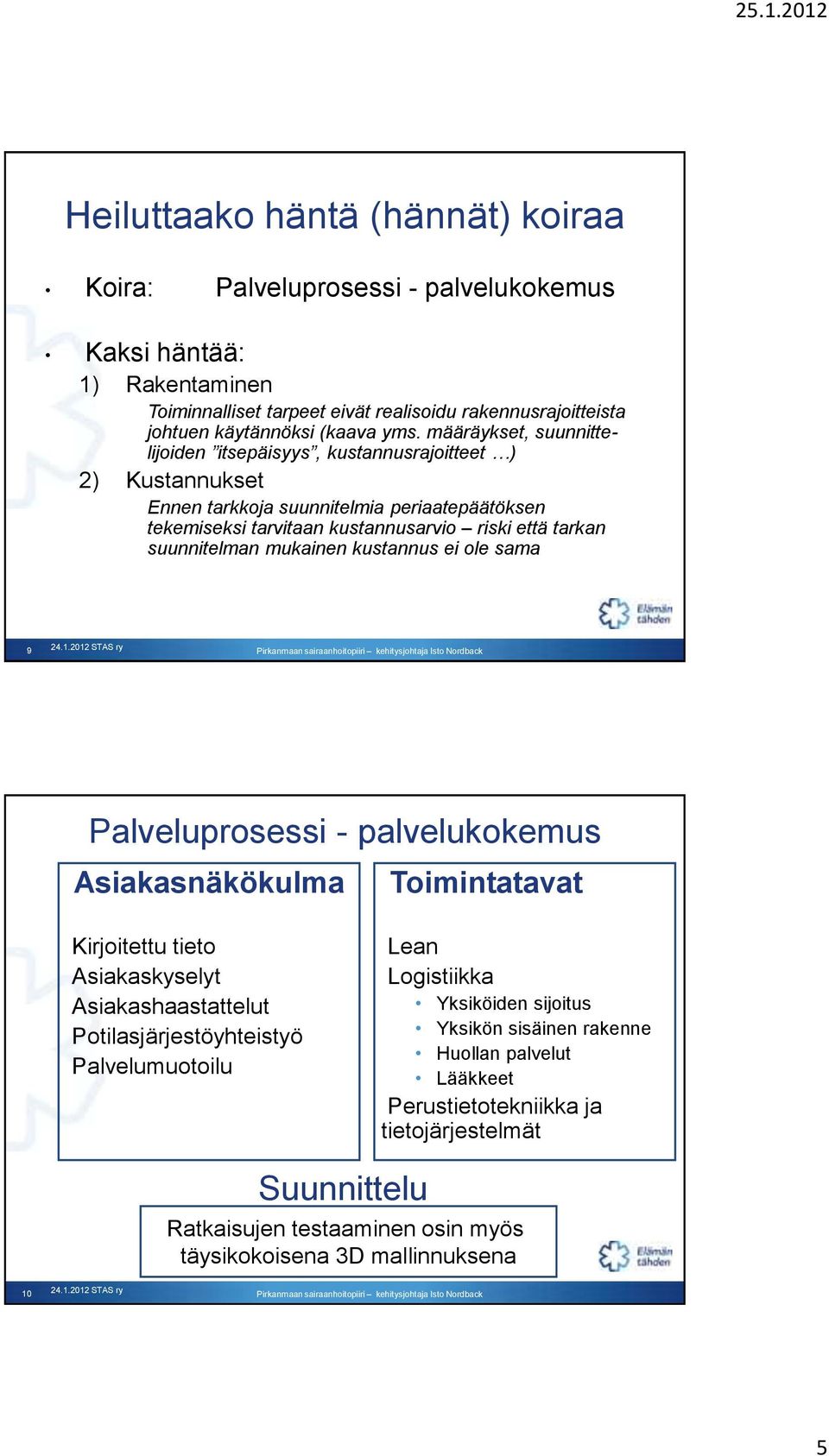 mukainen kustannus ei ole sama 9 Palveluprosessi - palvelukokemus Asiakasnäkökulma Toimintatavat Kirjoitettu tieto Asiakaskyselyt Asiakashaastattelut Potilasjärjestöyhteistyö Palvelumuotoilu Lean