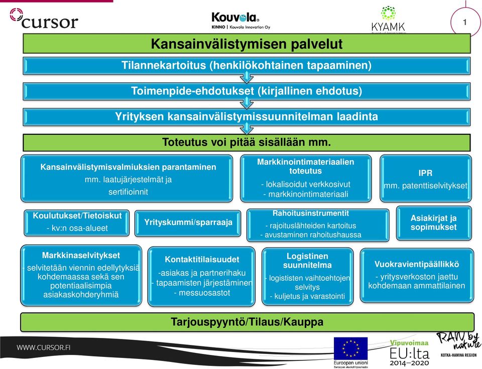 patenttiselvitykset Koulutukset/Tietoiskut - kv:n osa-alueet Yrityskummi/sparraaja Rahoitusinstrumentit - rajoituslähteiden kartoitus - avustaminen rahoitushaussa Asiakirjat ja sopimukset