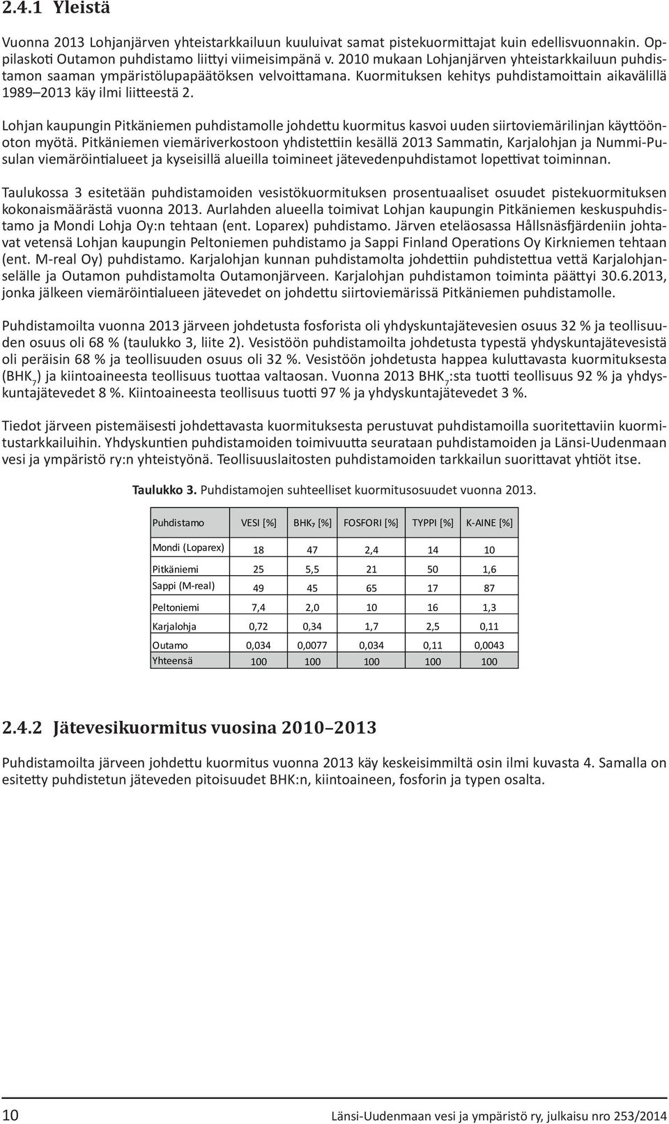 Lohjan kaupungin Pitkäniemen puhdistamolle johdettu kuormitus kasvoi uuden siirtoviemärilinjan käyttöönoton myötä.