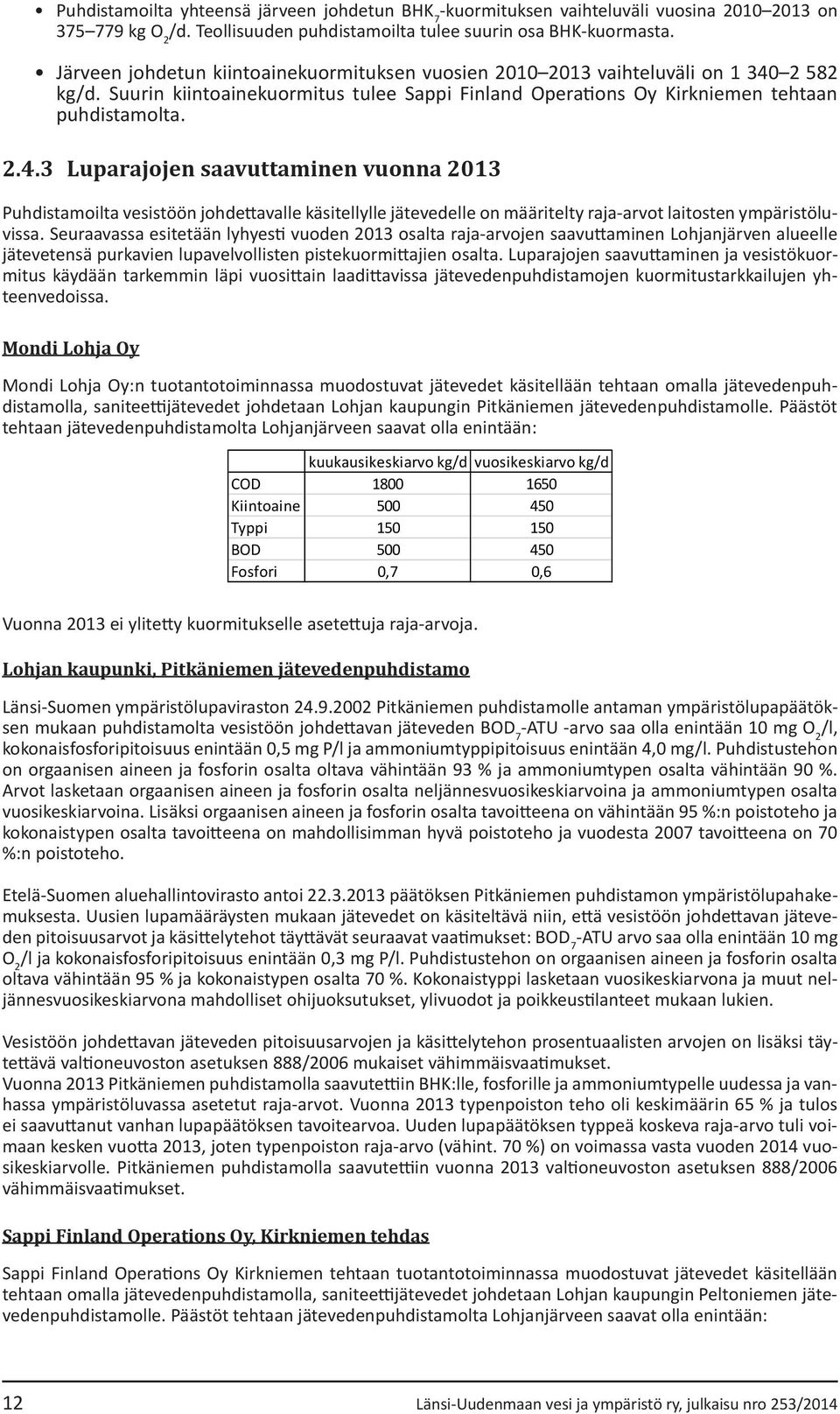 2 582 kg/d. Suurin kiintoainekuormitus tulee Sappi Finland Operations Oy Kirkniemen tehtaan puhdistamolta. 2.4.