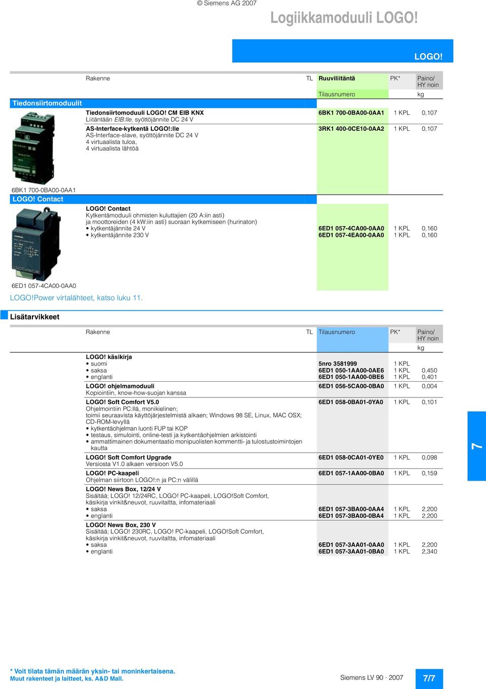 :lle 3RK1 400-0CE10-0AA2 1 KPL 0,10 AS-Interface-slave, syöttöjännite DC 24 V 4 virtuaalista tuloa, 4 virtuaalista lähtöä 6BK1 00-0BA00-0AA1 LOGO! Contact LOGO!