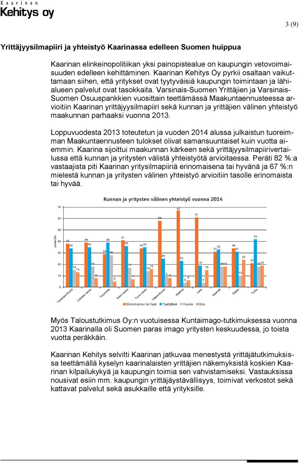 Varsinais-Suomen Yrittäjien ja Varsinais- Suomen Osuuspankkien vuosittain teettämässä Maakuntaennusteessa arvioitiin Kaarinan yrittäjyysilmapiiri sekä kunnan ja yrittäjien välinen yhteistyö maakunnan