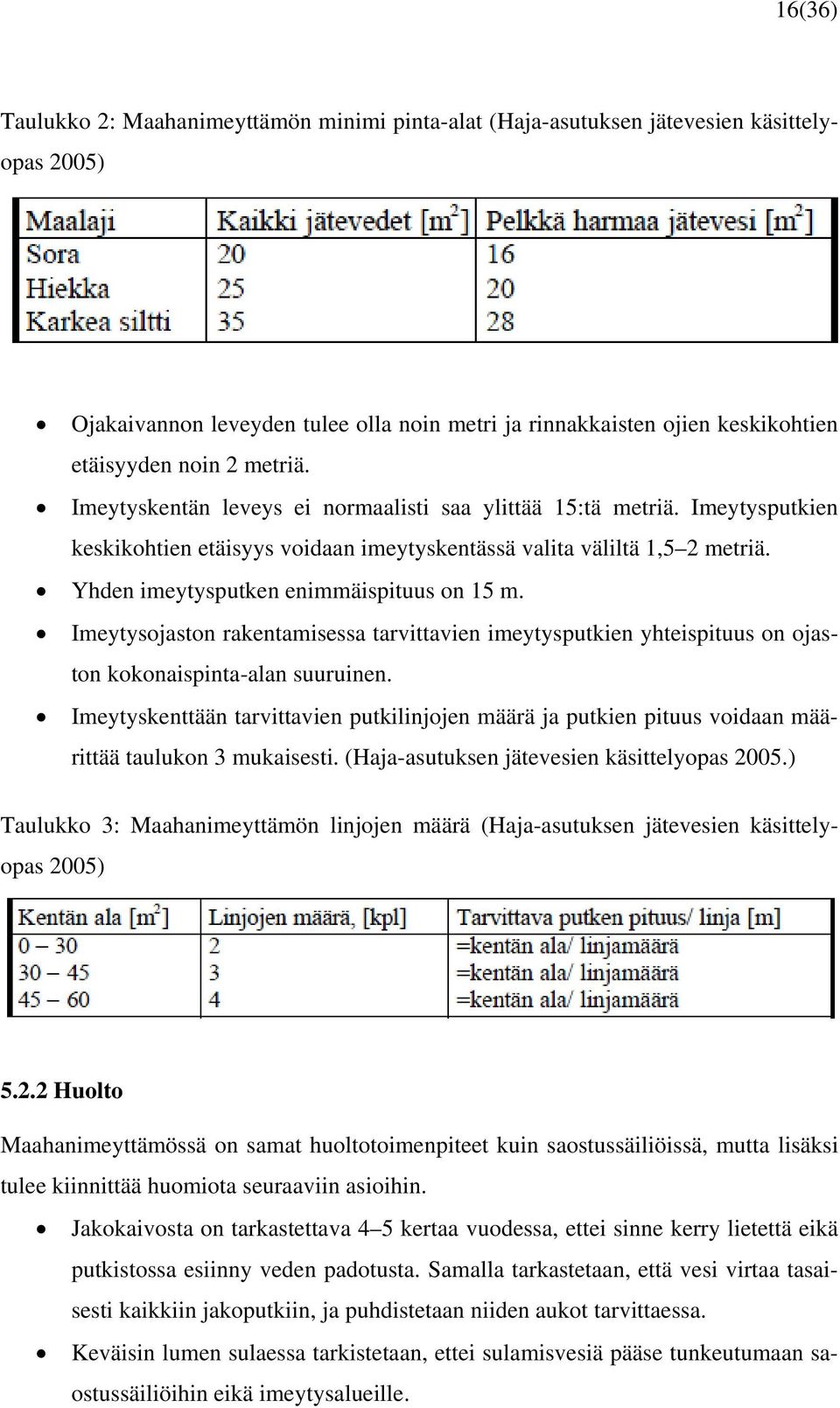 Yhden imeytysputken enimmäispituus on 15 m. Imeytysojaston rakentamisessa tarvittavien imeytysputkien yhteispituus on ojaston kokonaispinta-alan suuruinen.