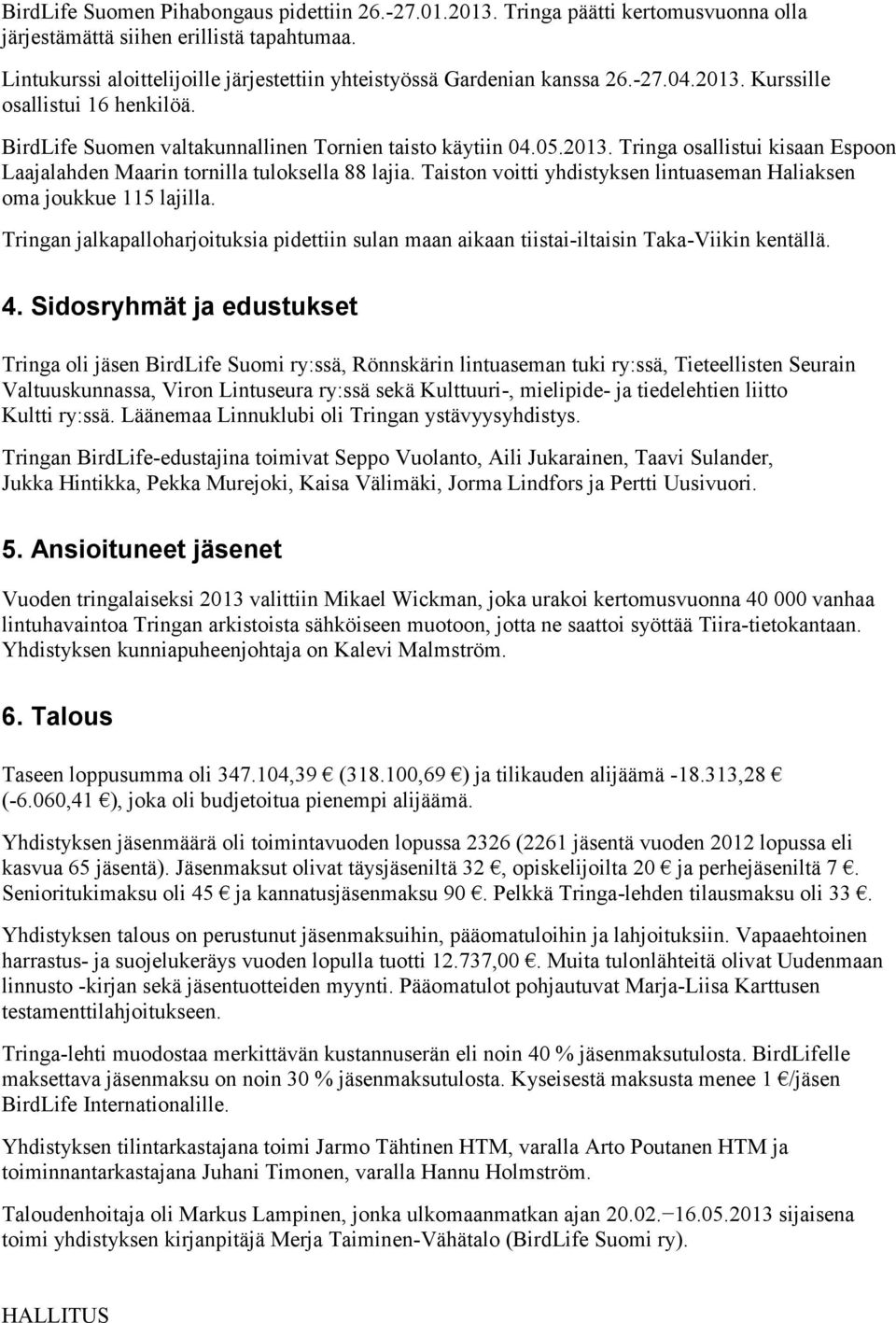 Taiston voitti yhdistyksen lintuaseman Haliaksen oma joukkue 115 lajilla. Tringan jalkapalloharjoituksia pidettiin sulan maan aikaan tiistai-iltaisin Taka-Viikin kentällä. 4.