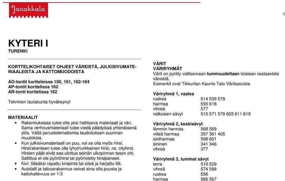 Vältä perustelemattomia laudoituksen suunnan muutoksia. Kun julkisivumateriaali on puu, voi se olla myös hirsi. Hirsirakenteen tulee olla lyhytnurkkainen hirsi, ns. cityhirsi.