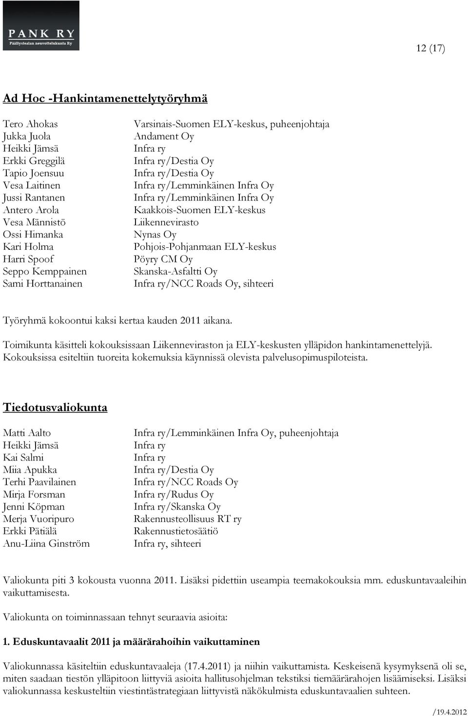 Skanska-Asfaltti Oy Infra ry/ncc Roads Oy, sihteeri Työryhmä kokoontui kaksi kertaa kauden 2011 aikana.