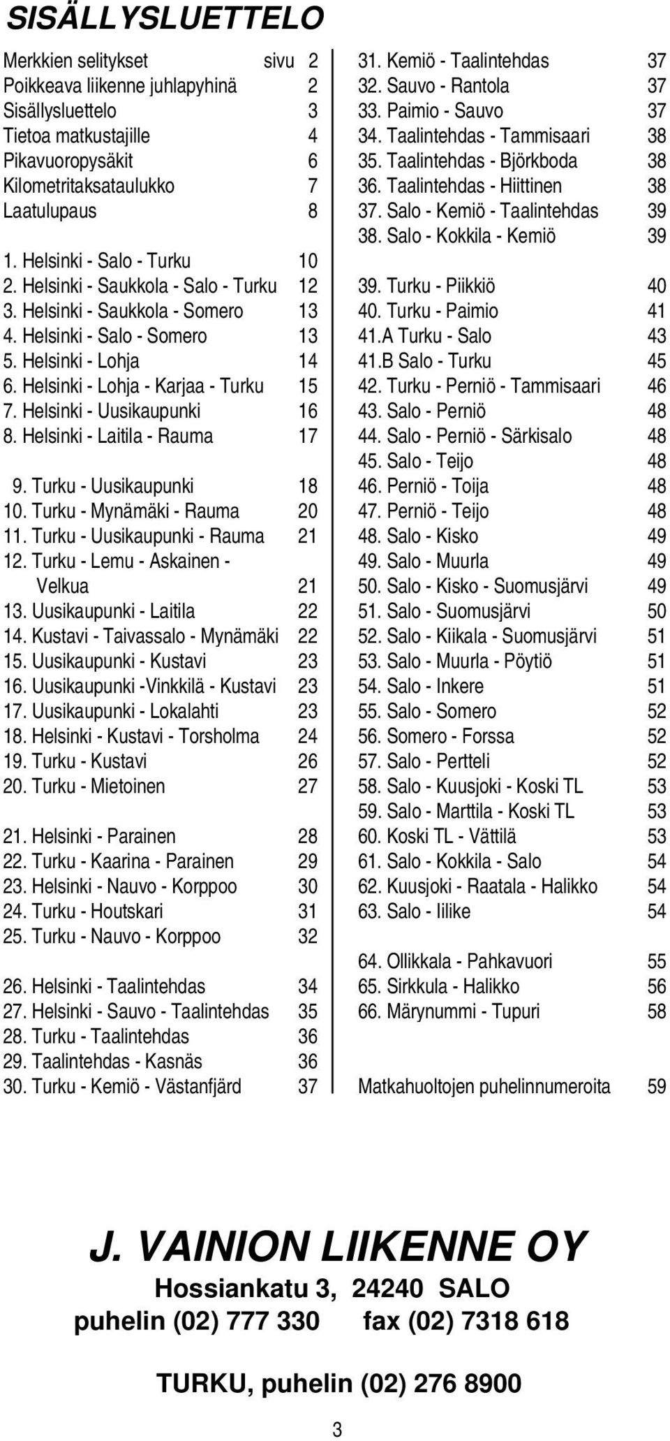 Salo - Kokkila - Kemiö 39 1. Helsinki - Salo - Turku 10 2. Helsinki - Saukkola - Salo - Turku 12 39. Turku - Piikkiö 40 3. Helsinki - Saukkola - Somero 13 40. Turku - Paimio 41 4.