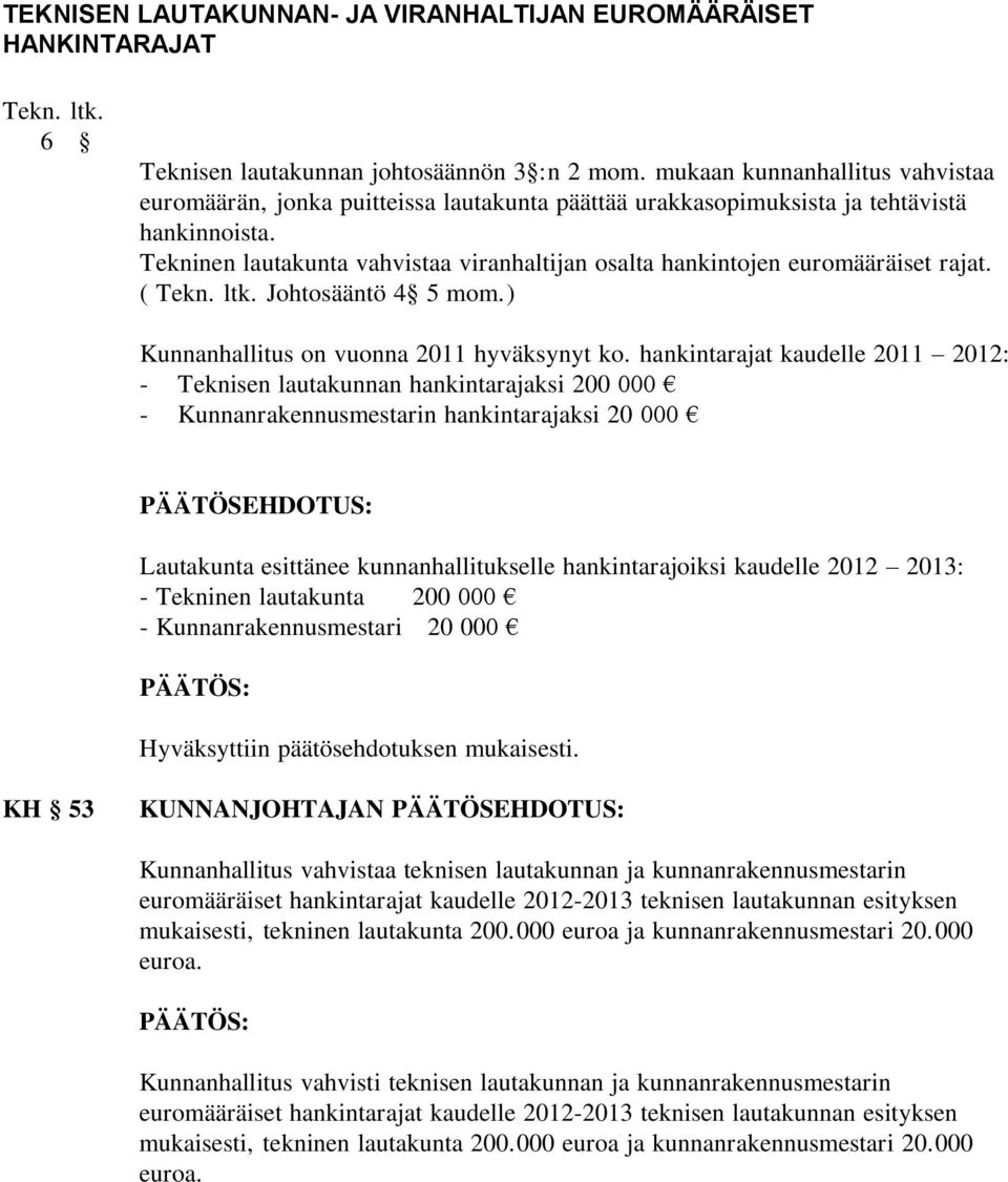 Tekninen lautakunta vahvistaa viranhaltijan osalta hankintojen euromääräiset rajat. ( Tekn. ltk. Johtosääntö 4 5 mom.) Kunnanhallitus on vuonna 2011 hyväksynyt ko.