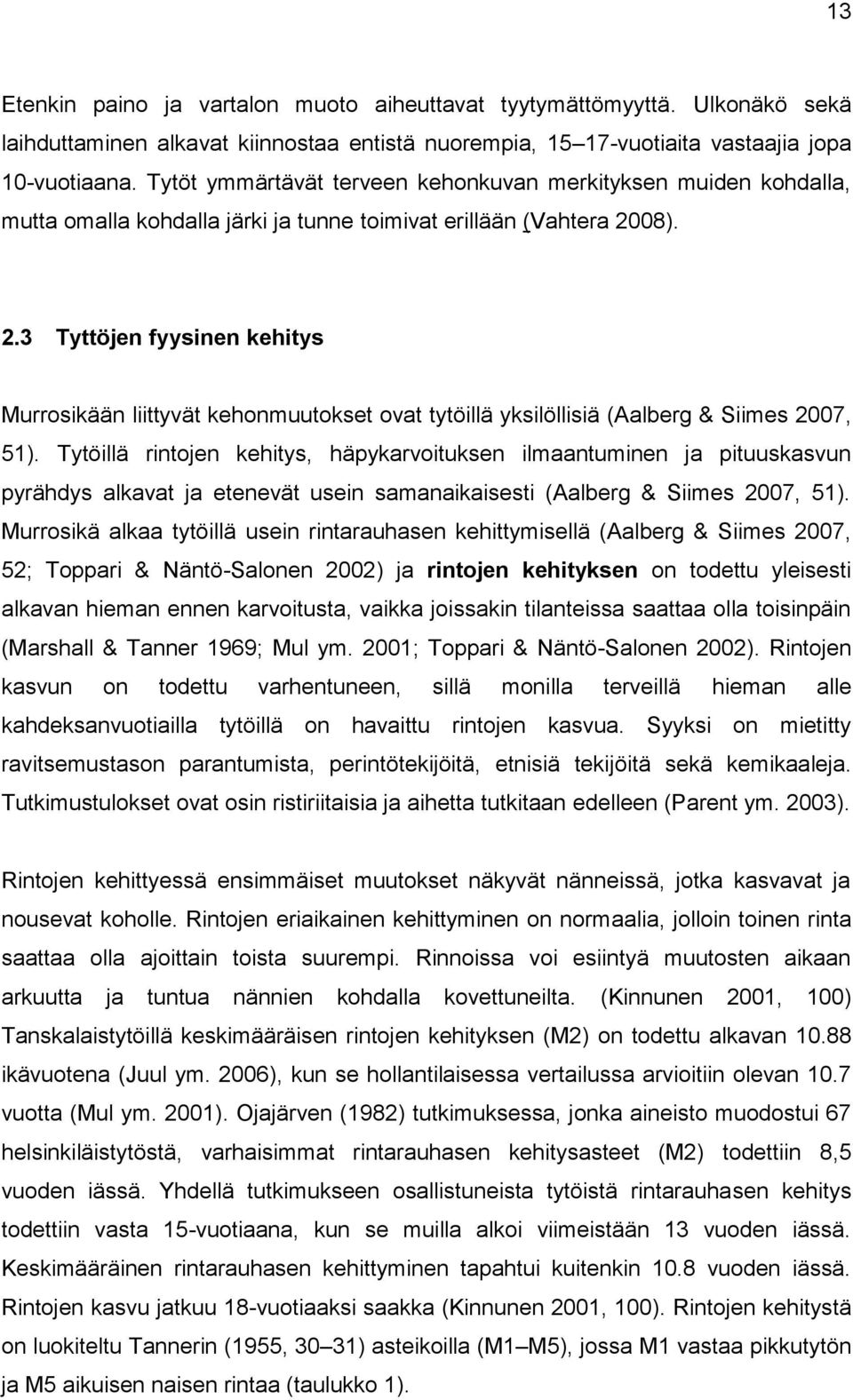 08). 2.3 Tyttöjen fyysinen kehitys Murrosikään liittyvät kehonmuutokset ovat tytöillä yksilöllisiä (Aalberg & Siimes 2007, 51).