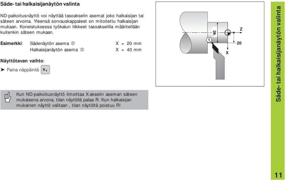 Esimerkki: Sädenäytön asema X = 20 mm Halkaisijanäytön asema X = 40 mm Näyttötavan vaihto: Paina näppäintä Kun ND-paikoitusnäyttö ilmoittaa