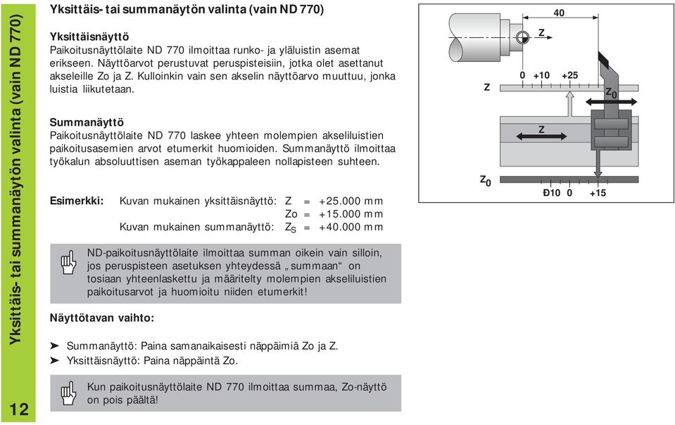 Summanäyttö Paikoitusnäyttölaite ND 770 laskee yhteen molempien akseliluistien paikoitusasemien arvot etumerkit huomioiden.