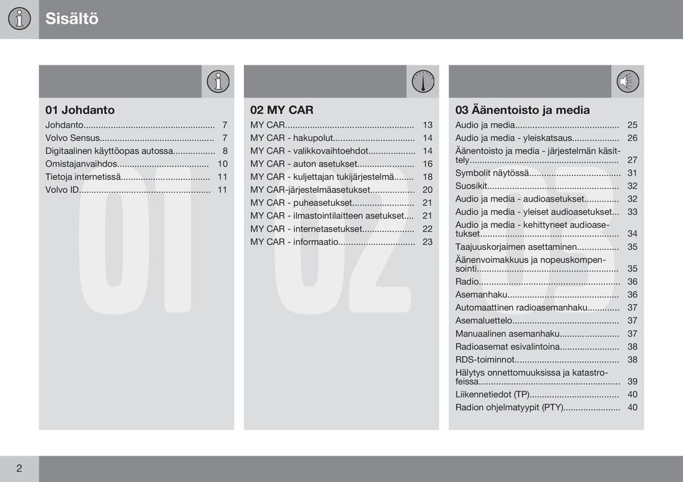 .. 16 MY CAR - kuljettajan tukijärjestelmä... 18 Symbolit näytössä... 31 MY CAR-järjestelmäasetukset... 20 Suosikit... 32 MY CAR - puheasetukset... 21 Audio ja media - audioasetukset.