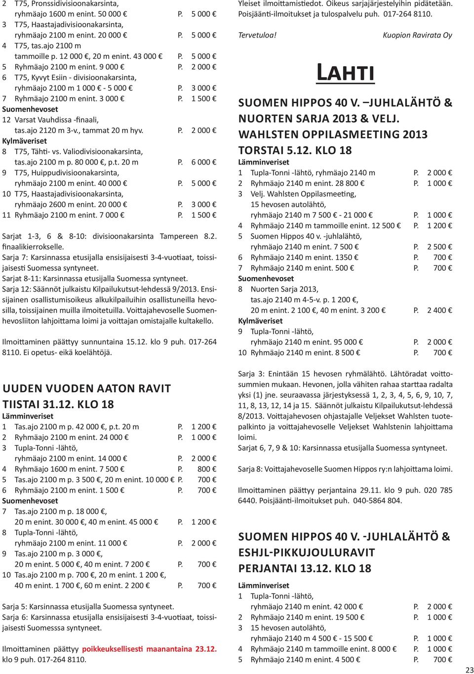 1 500 12 Varsat Vauhdissa -finaali, tas.ajo 2120 m 3-v., tammat 20 m hyv. P. 2 000 8 T75, Tähti- vs. Valiodivisioonakarsinta, tas.ajo 2100 m p. 80 000, p.t. 20 m P.