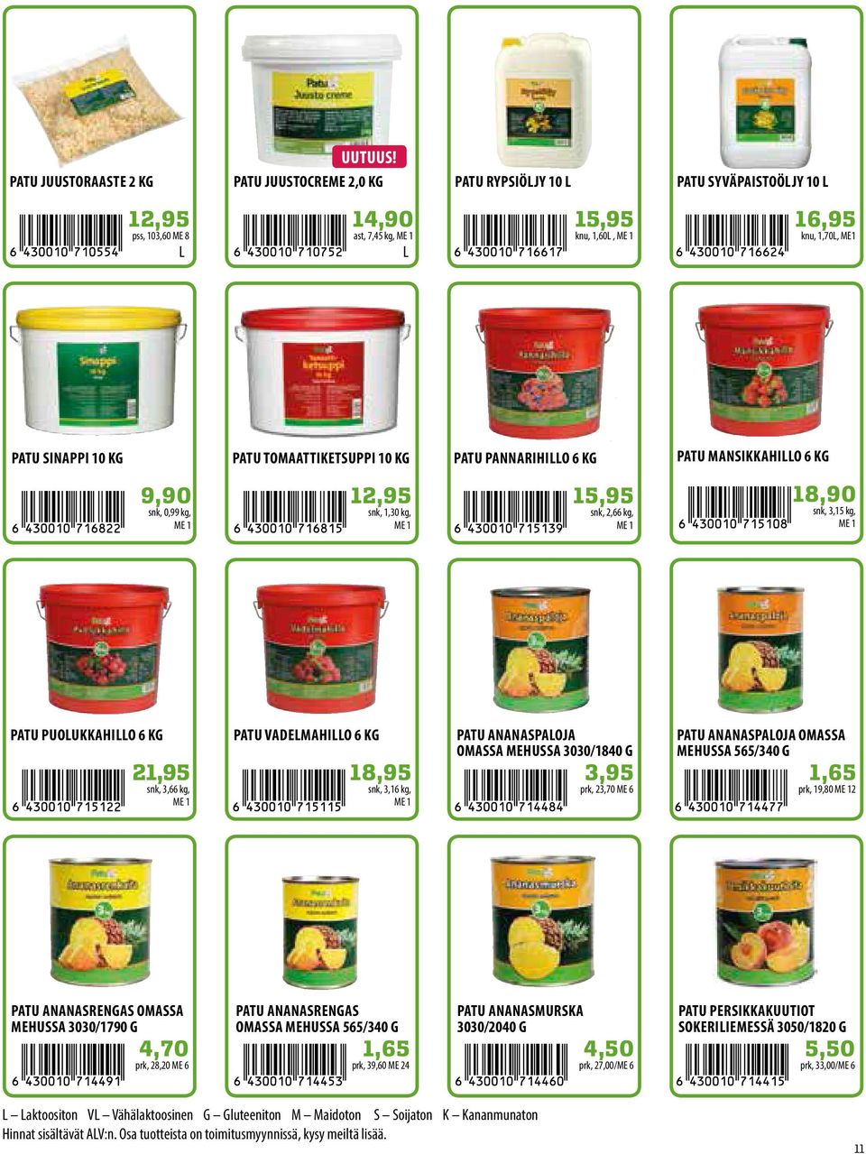 kg 21,95 snk, 3,66 kg, ME 1 Patu Vadelmahillo 6 kg 18,95 snk, 3,16 kg, ME 1 Patu Ananaspaloja omassa mehussa 3030/1840 g 3,95 prk, 23,70 ME 6 PATU ANANASPaloja OMASSA mehussa 565/340 g 1,65 prk,
