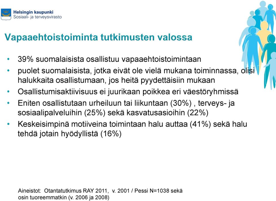 urheiluun tai liikuntaan (30%), terveys- ja sosiaalipalveluihin (25%) sekä kasvatusasioihin (22%) Keskeisimpinä motiiveina toimintaan halu