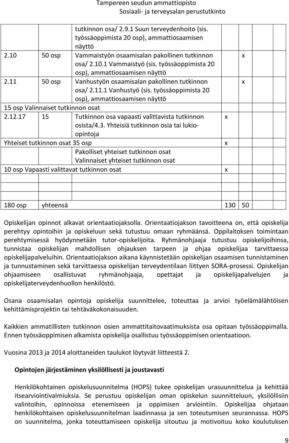 työssäoppimista 20 osp), ammattiosaamisen näyttö 15 osp Valinnaiset tutkinnon osat 2.12.17 15 Tutkinnon osa vapaasti valittavista tutkinnon x osista/4.3.