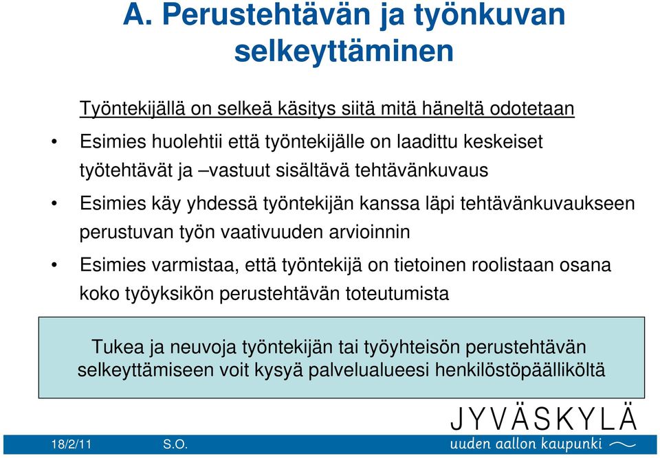 tehtävänkuvaukseen perustuvan työn vaativuuden arvioinnin Esimies varmistaa, että työntekijä on tietoinen roolistaan osana koko