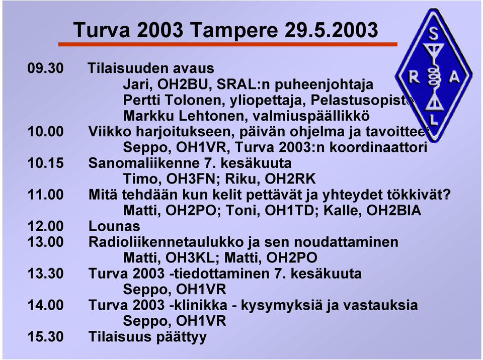 00 Viikko harjoitukseen, päivän ohjelma ja tavoitteet Seppo, OH1VR, Turva 2003:n koordinaattori 10.15 Sanomaliikenne 7. kesäkuuta Timo, OH3FN; Riku, OH2RK 11.