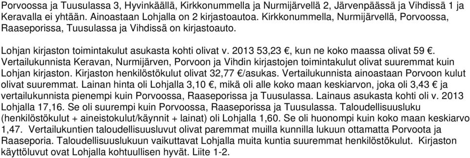 Vertailukunnista Keravan, Nurmijärven, Porvoon ja Vihdin kirjastojen toimintakulut olivat suuremmat kuin Lohjan kirjaston. Kirjaston henkilöstökulut olivat 32,77 /asukas.