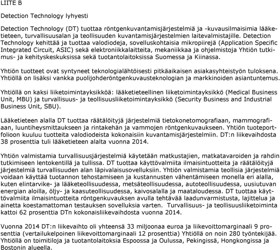 Detection Technology kehittää ja tuottaa valodiodeja, sovelluskohtaisia mikropiirejä (Application Specific Integrated Circuit, ASIC) sekä elektroniikkalaitteita, mekaniikkaa ja ohjelmistoja Yhtiön