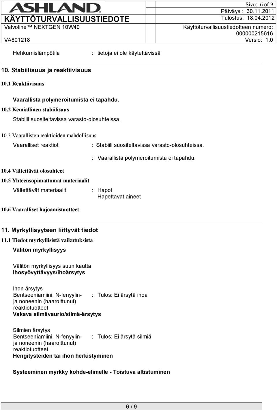 6 Vaaralliset hajoamistuotteet : Stabiili suositeltavissa varasto-olosuhteissa. : Vaarallista polymeroitumista ei tapahdu. 11. Myrkyllisyyteen liittyvät tiedot 11.