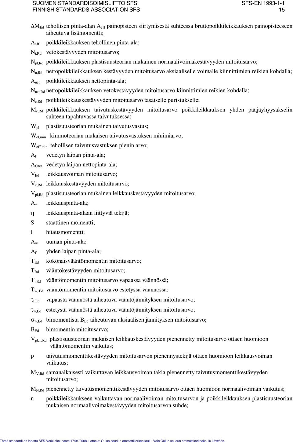 nettopoikkileikkauksen kestävden mitoitusarvo aksiaaliselle voimalle kiinnittimien reikien kohdalla; A net poikkileikkauksen nettopinta-ala; net,rd nettopoikkileikkauksen vetokestävden mitoitusarvo