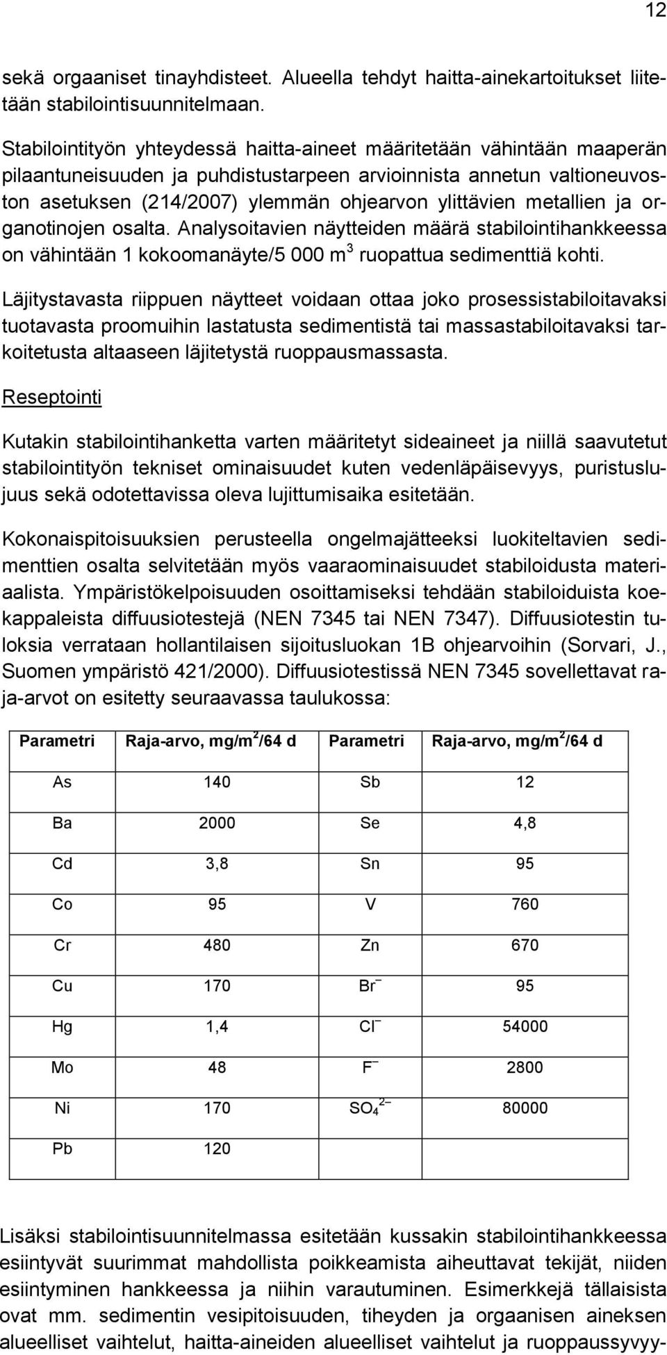 metallien ja organotinojen osalta. Analysoitavien näytteiden määrä stabilointihankkeessa on vähintään 1 kokoomanäyte/5 000 m 3 ruopattua sedimenttiä kohti.