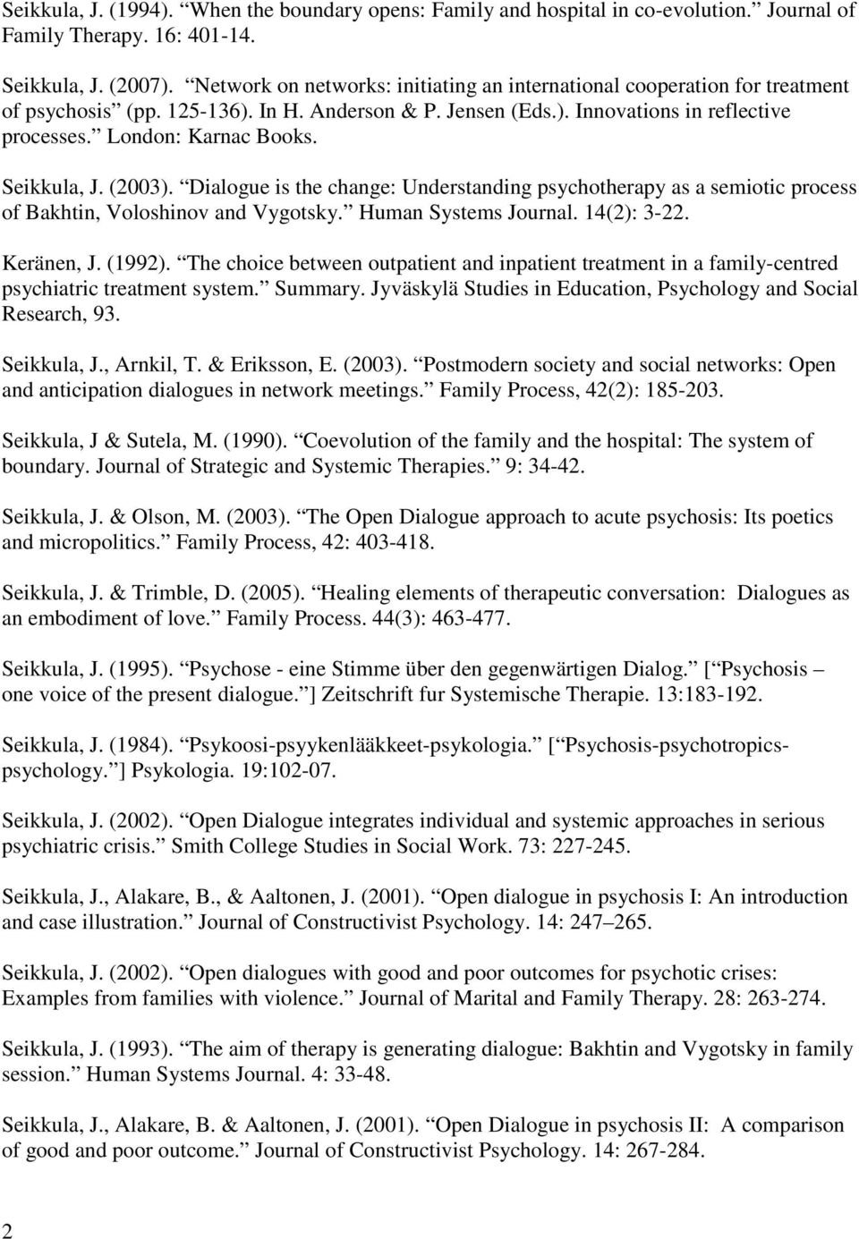 Seikkula, J. (2003). Dialogue is the change: Understanding psychotherapy as a semiotic process of Bakhtin, Voloshinov and Vygotsky. Human Systems Journal. 14(2): 3-22. Keränen, J. (1992).