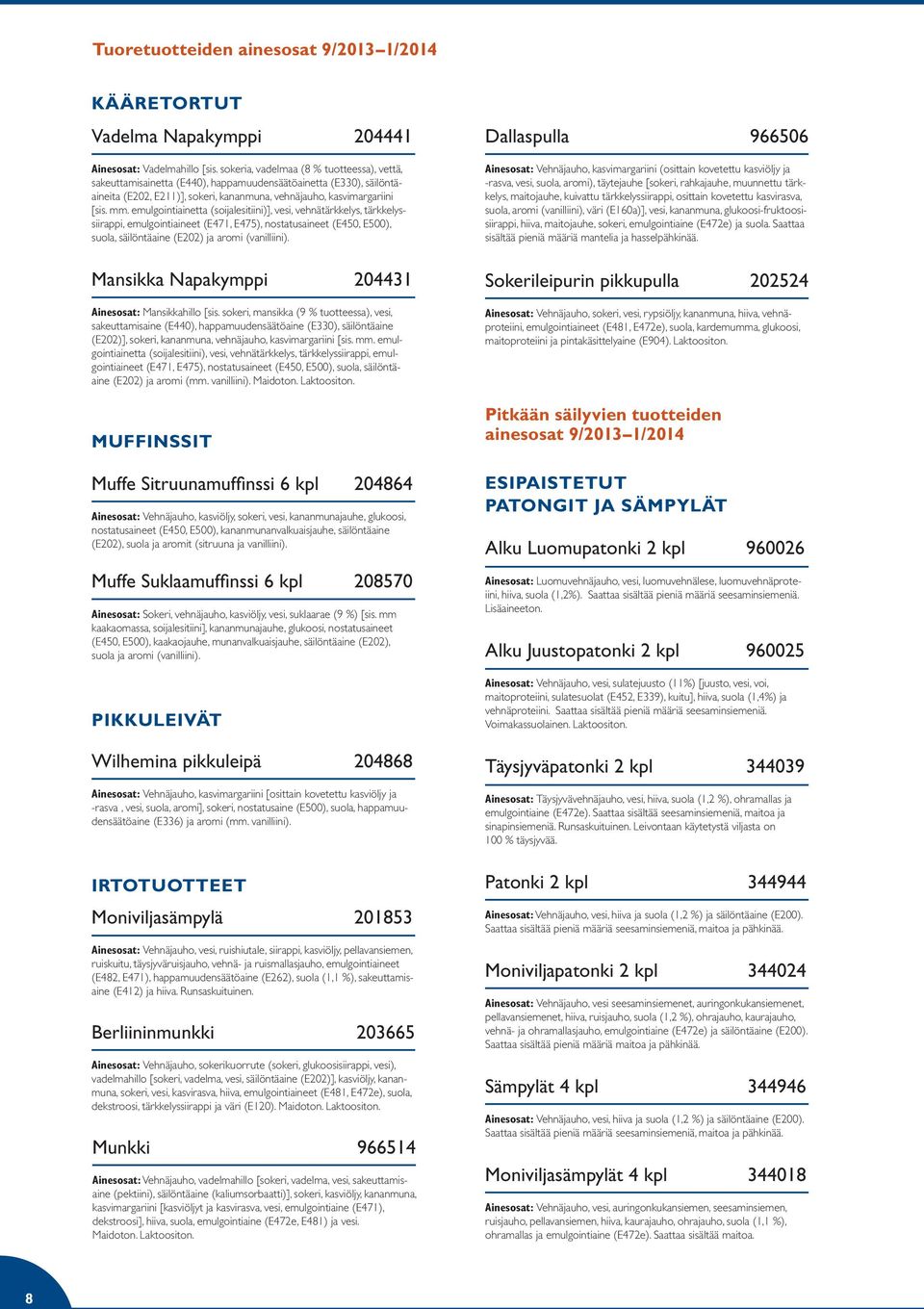 emulgointiainetta (soijalesitiini)], vesi, vehnätärkkelys, tärkkelyssiirappi, emulgointiaineet (E471, E475), nostatusaineet (E450, E500), suola, säilöntäaine (E202) ja aromi (vanilliini).