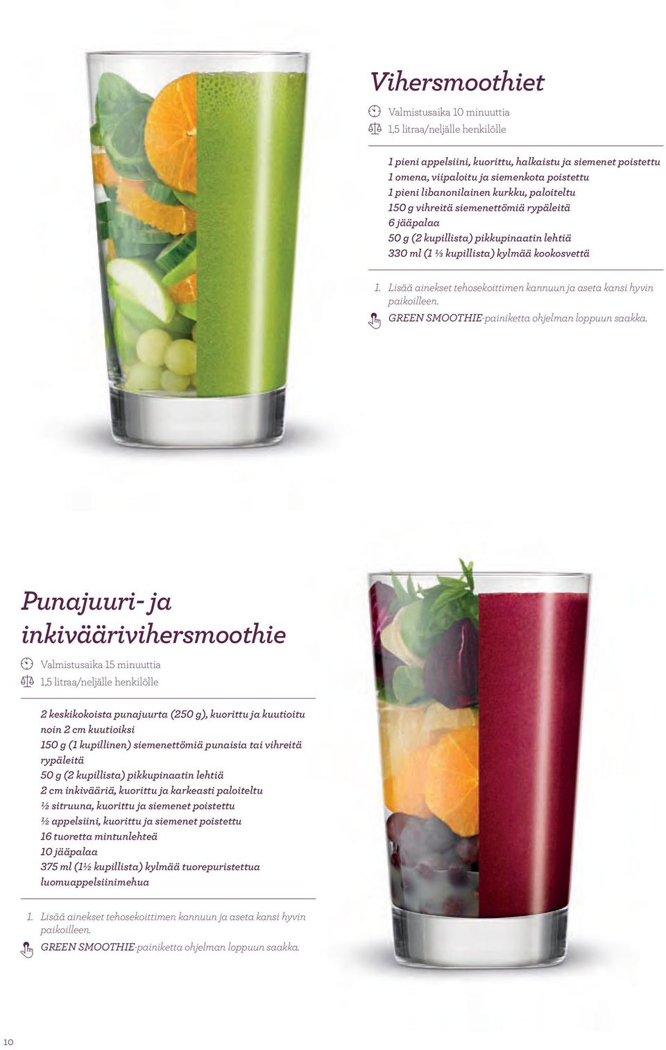 Lisää ainekset tehosekoittimen kannuun ja aseta kansi hyvin paikoilleen. 3 GREEN SMOOTHIE-painiketta ohjelman loppuun saakka.