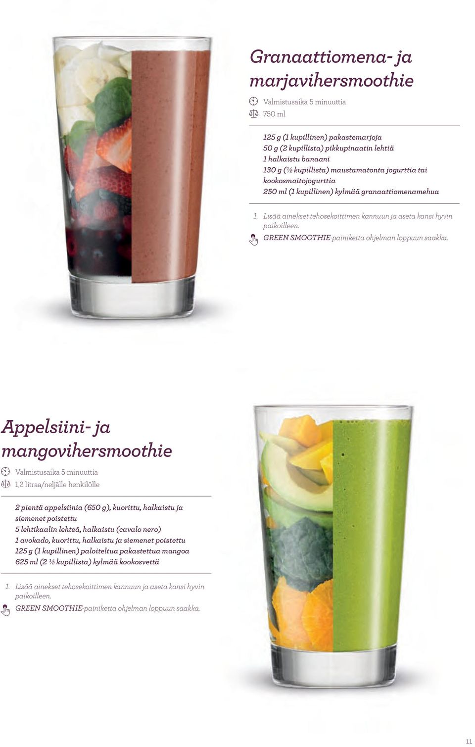 3 GREEN SMOOTHIE-painiketta ohjelman loppuun saakka.