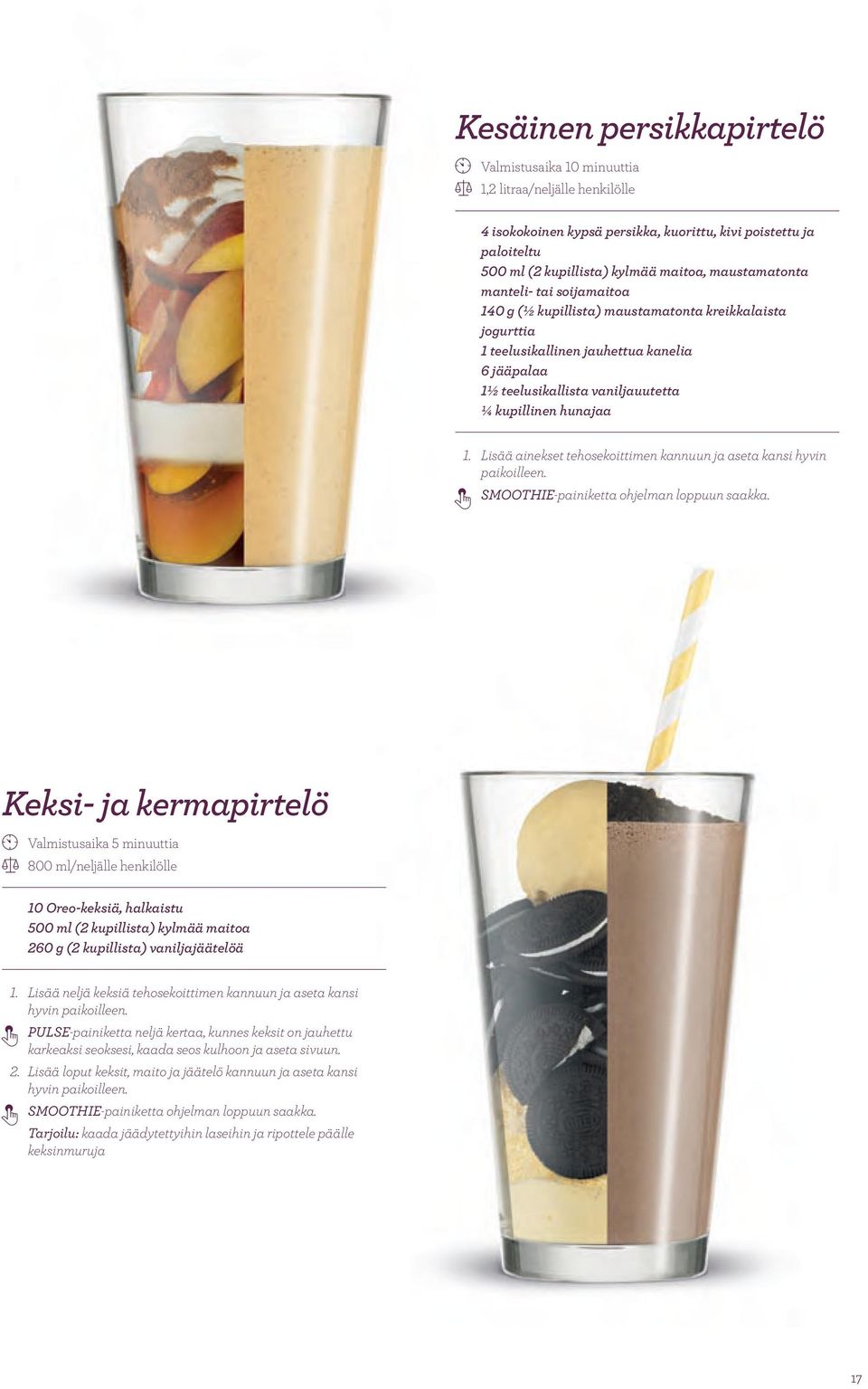 1. Lisää ainekset tehosekoittimen kannuun ja aseta kansi hyvin paikoilleen. 3 SMOOTHIE-painiketta ohjelman loppuun saakka.
