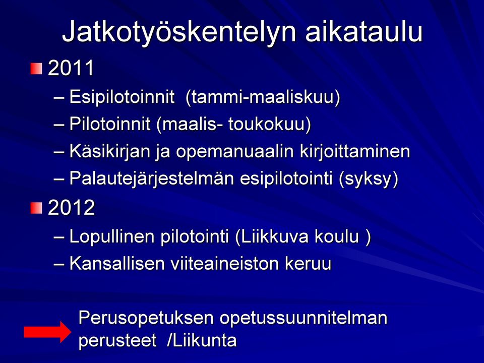 Palautejärjestelmän esipilotointi (syksy) 2012 Lopullinen pilotointi