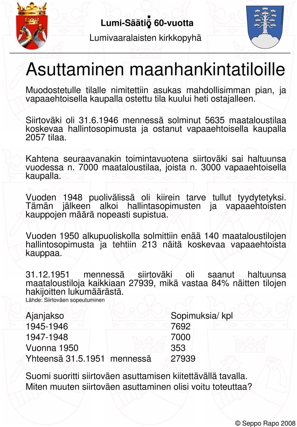 Kahtena seuraavanakin toimintavuotena siirtoväki sai haltuunsa vuodessa n. 7000 maataloustilaa, joista n. 3000 vapaaehtoisella kaupalla. Vuoden 1948 puolivälissä oli kiirein tarve tullut tyydytetyksi.