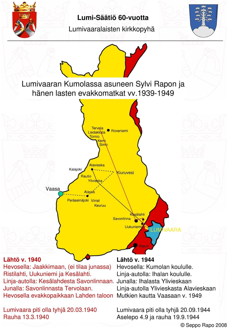 Junalla: Savonlinnasta Tervolaan. Hevosella evakkopaikkaan Lahden taloon Lähtö v. 1944 Hevosella: Kumolan koululle. Linja-autolla: Ihalan koululle.